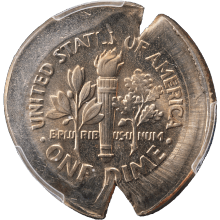 No Date Roosevelt Dime (10c) Error - Broadstruck and 70 Pct Obverse Indent Reverse Image