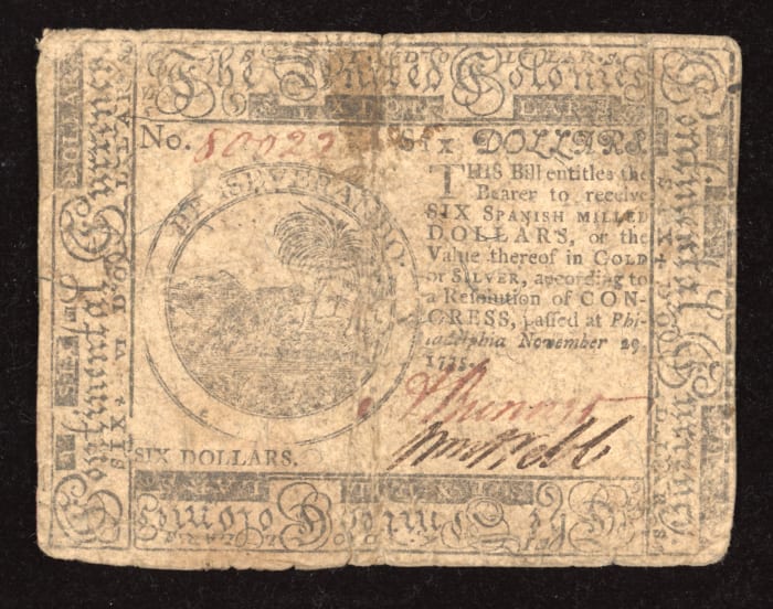 November 29, 1775 Continental Currency Colonial Six Dollars ($6) Obverse Image