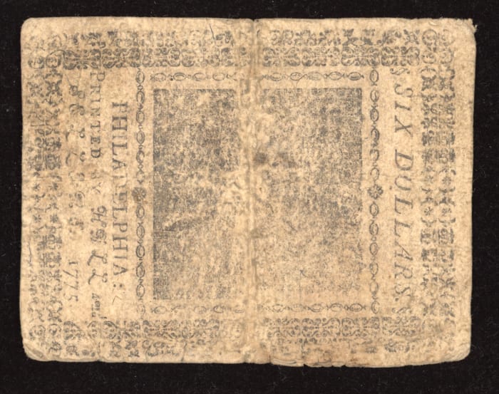 November 29, 1775 Continental Currency Colonial Six Dollars ($6) Reverse Image