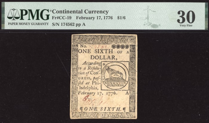 One Sixth Dollar ($1/6) Continental Currency - Feb 17, 1776 OBVERSE Image