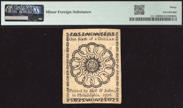 One Sixth Dollar ($1/6) Continental Currency - Feb 17, 1776 REVERSE Image