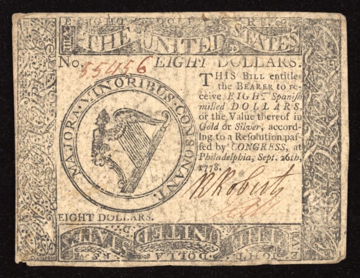 September 26, 1778 Continental Currency Colonial Eight Dollars ($8) Obverse Image