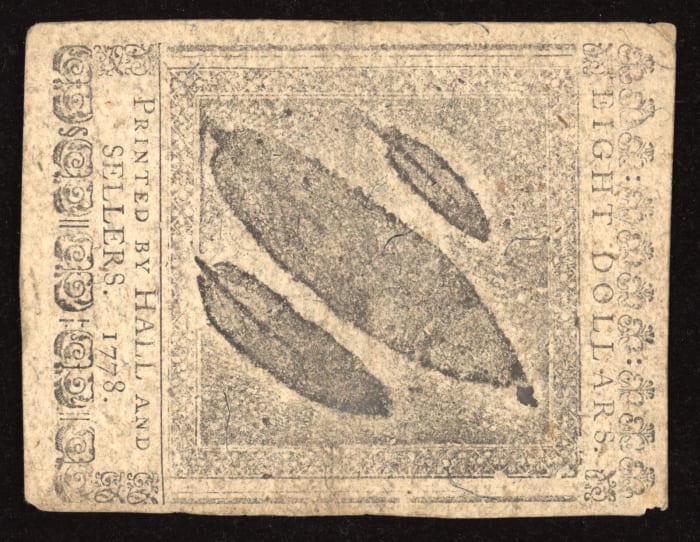 September 26, 1778 Continental Currency Colonial Eight Dollars ($8) Reverse Image