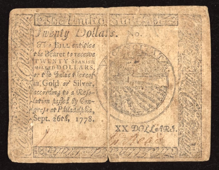 September 26, 1778 Continental Currency Colonial Twenty Dollars ($20) Obverse Image