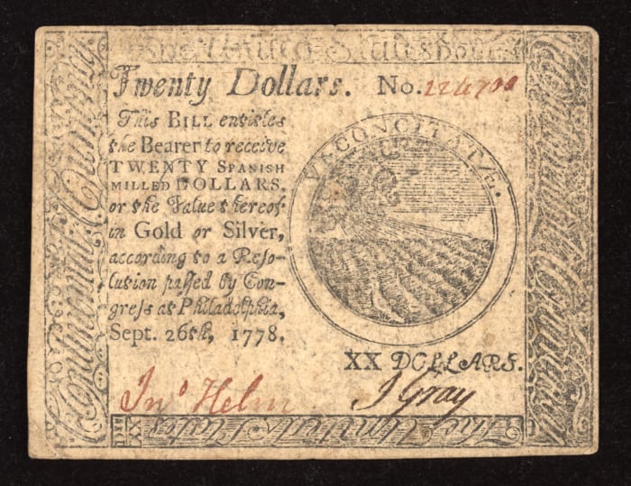 September 26, 1778 Continental Currency Colonial Twenty Dollars ($20) Obverse Image