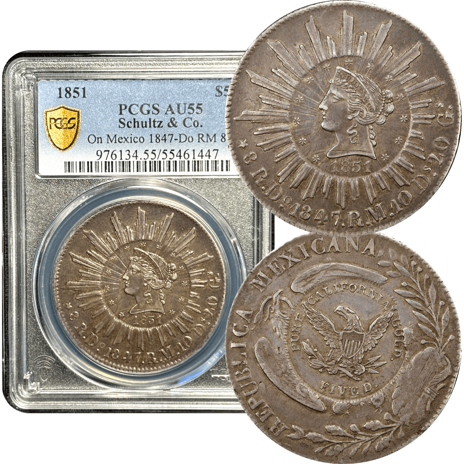 1851 $5 Schultz & Co. On Mexico 1847-Do RM 8R - PCGS AU55 - Composite