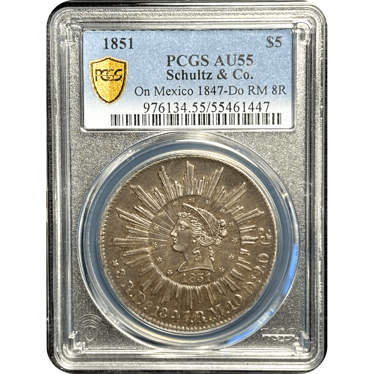 1851 $5 Schultz & Co. On Mexico 1847-Do RM 8R - PCGS AU55 - Slab Obverse