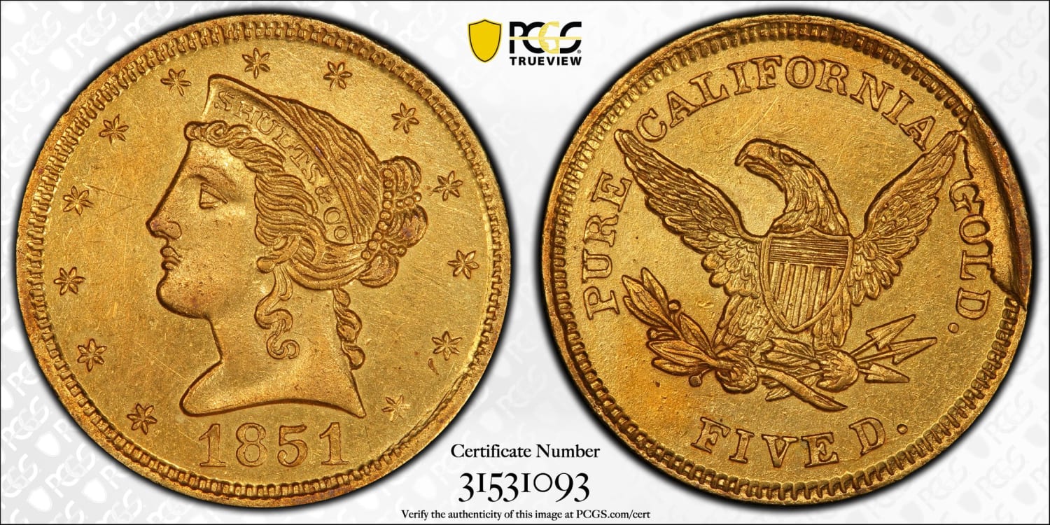 PCGS TrueView of the finest-known 1851 $5 Schultz - PCGS MS62