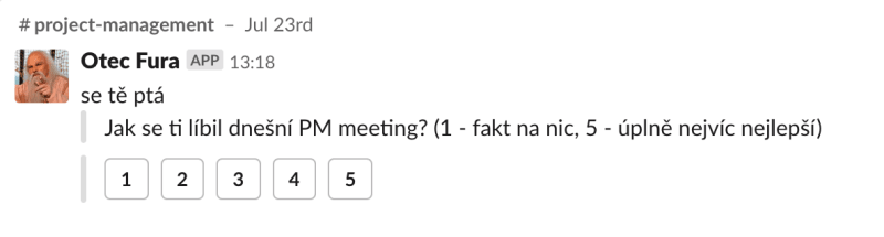 Ukázka Slack bota Otec Fura – sběr zpětné vazby