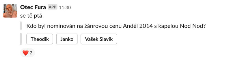 Ukázka Slack bota Otec Fura – kvíz