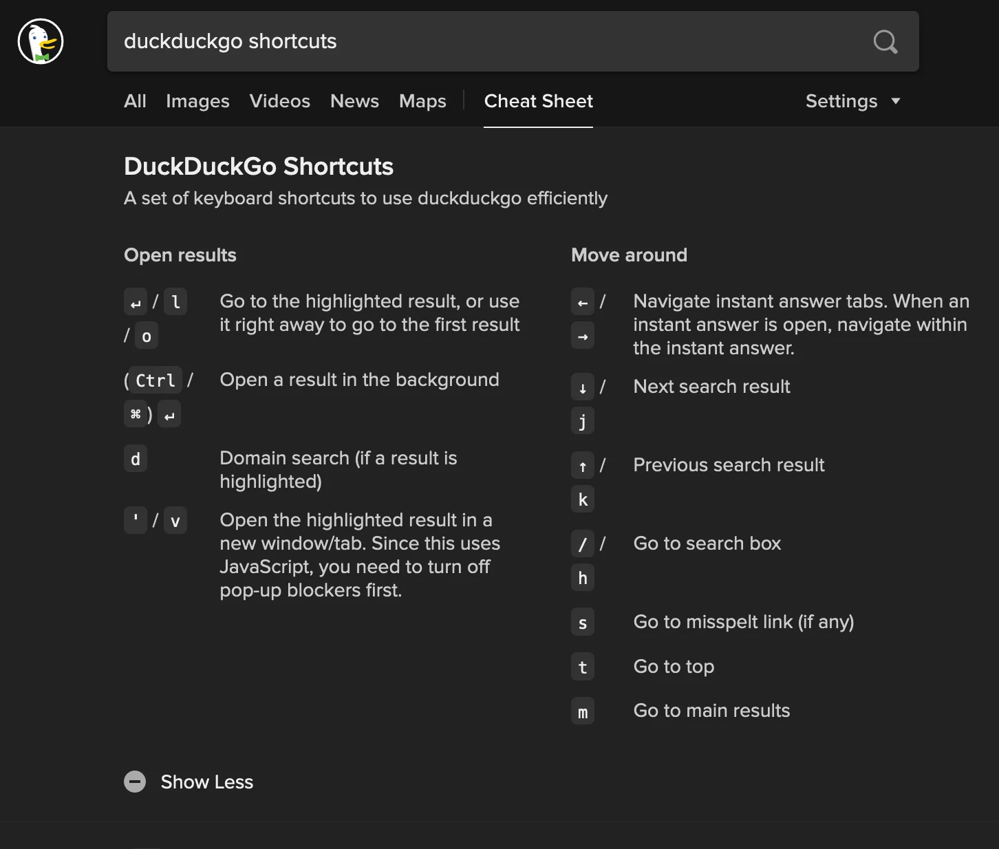 DuckDuckGo Klavye Kısayolları
