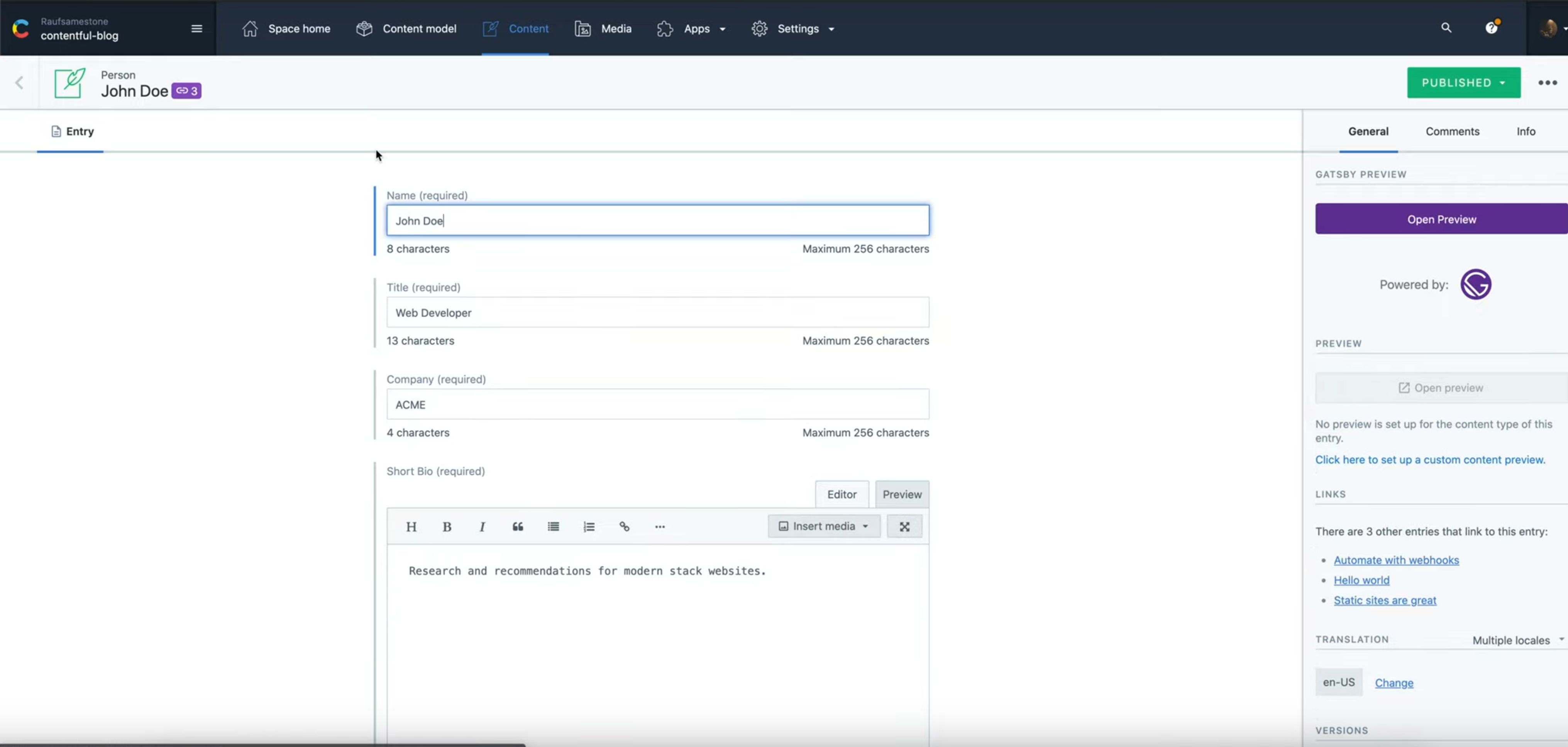 Contentful Dashboard Content Edit
