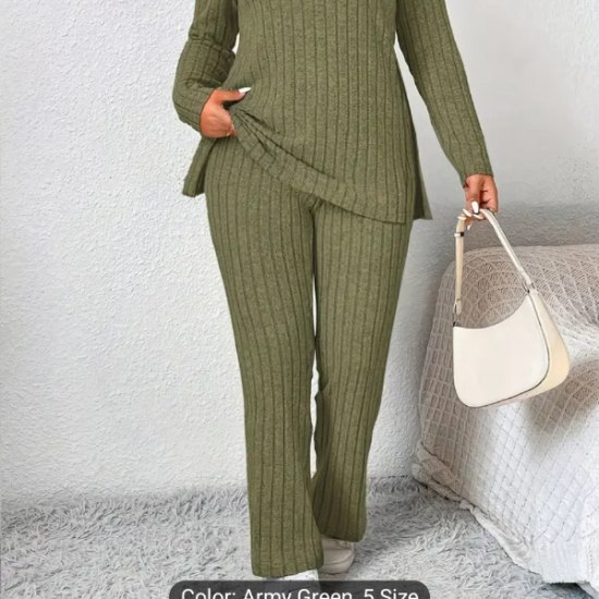 Soft Fabric Wrap-Style Long-Sleeve T-Shirt + Soft Ribbed Palace Pants, Casual Wear