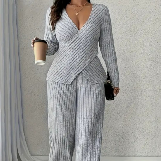 Plus Size - Plus-Size Soft Fabric Wrap-Style Long-Sleeve T-Shirt + Soft Ribbed Palace Pants, Casual Wear.