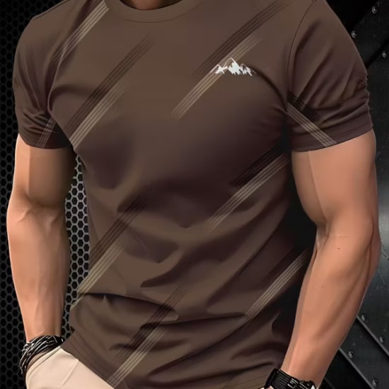 A fashionable, sporty striped short-sleeved T-shirt with a bold pattern for a chic, casual look