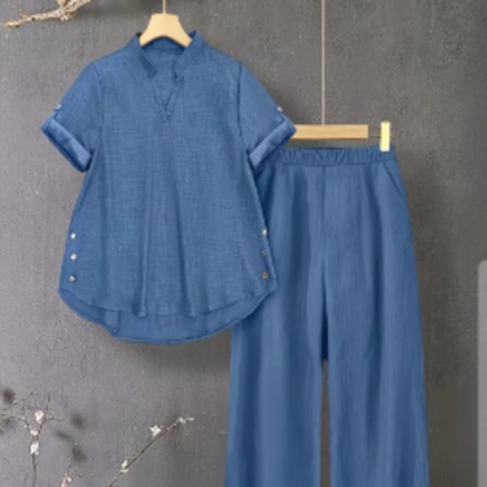 Non-Denim V neck button detail short sleeve Top and Elastic waist band  2 pieces