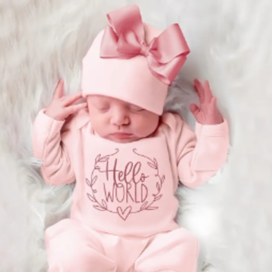 A Set of 2 Newborn Onesies with a Cute Big Bow Hat, Featuring Long Sleeves And Embroidered Designs