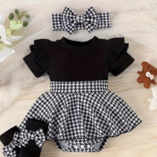 Autumn-Winter Infant and Toddler Ribbed Long Sleeve Double-Layer Puff Sleeve Houndstooth Hem Romper with Foot Cover and Headband