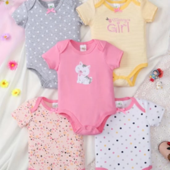 Five-Piece Set of Short-Sleeved Pure Bodysuits for Baby Girls Featuring a Comfortable Design