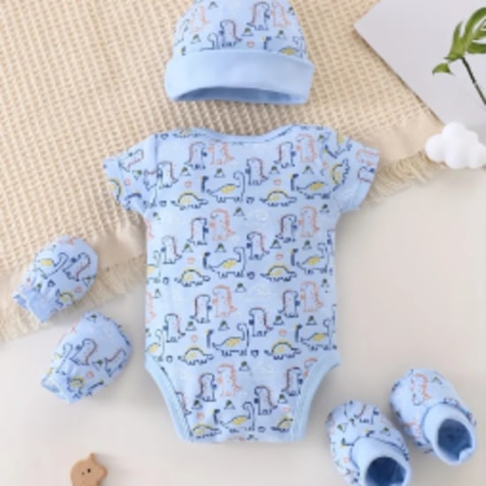 Summer Children's Triangle Romper Cute Dinosaur Pattern 0-3m Baby Onesie + Hat + Gloves + Socks, 4pcs Newborn Set