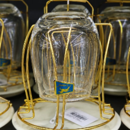 Elegant Glass Cup with Gold-Plated Holder & Marble-Style Saucer