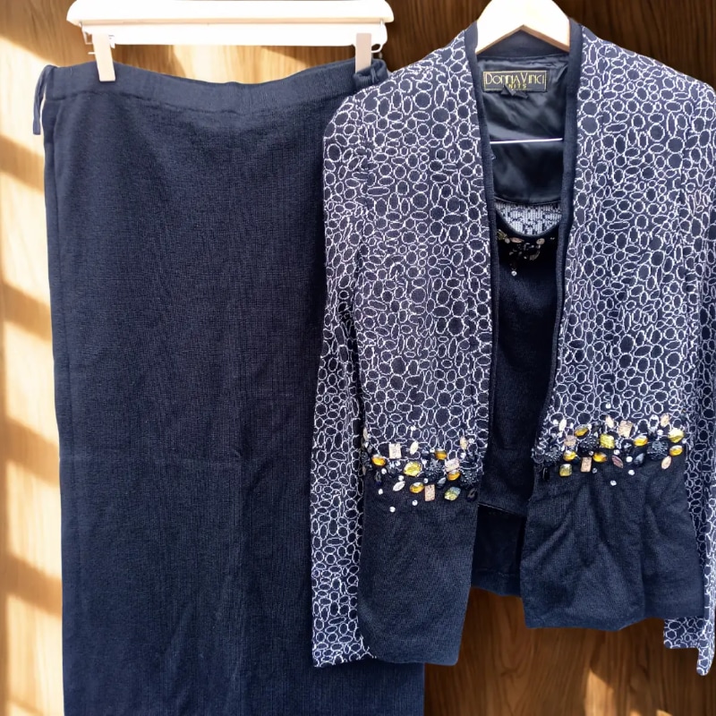 Navy blue and white embellished skirt suit