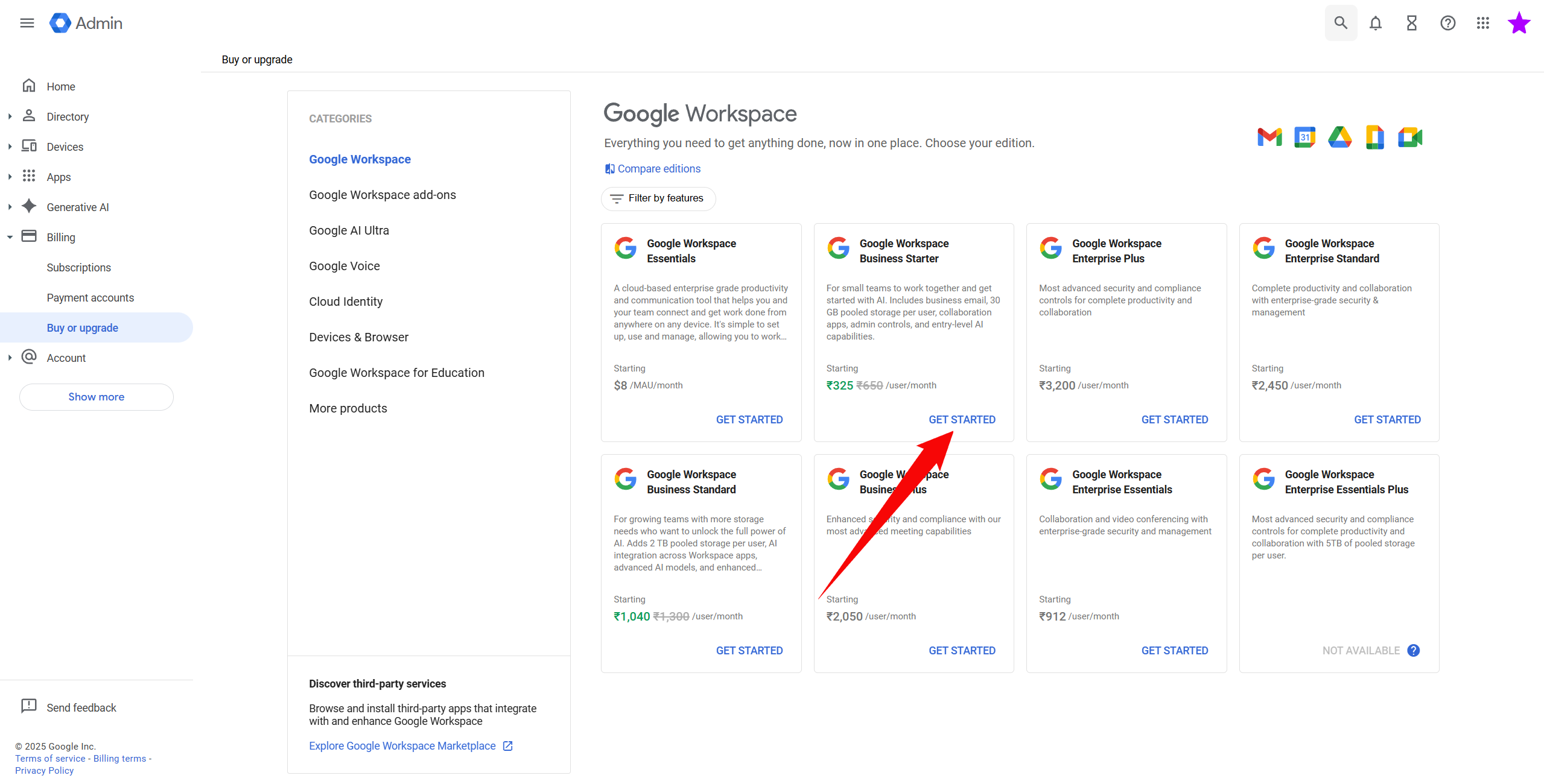 Navigate to Billing and Subscriptions in Google Admin Console