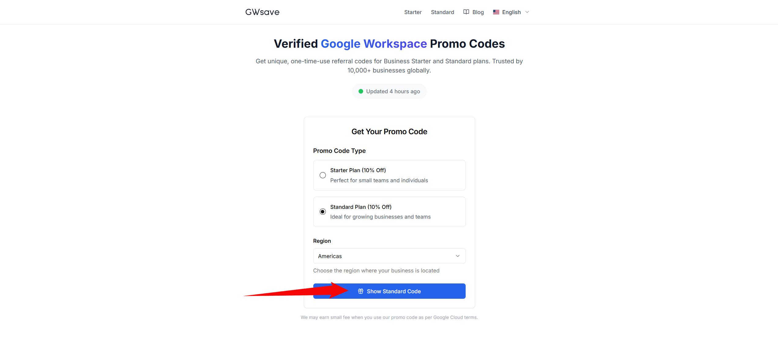 Select your region and plan to get a verified Google Workspace promo code