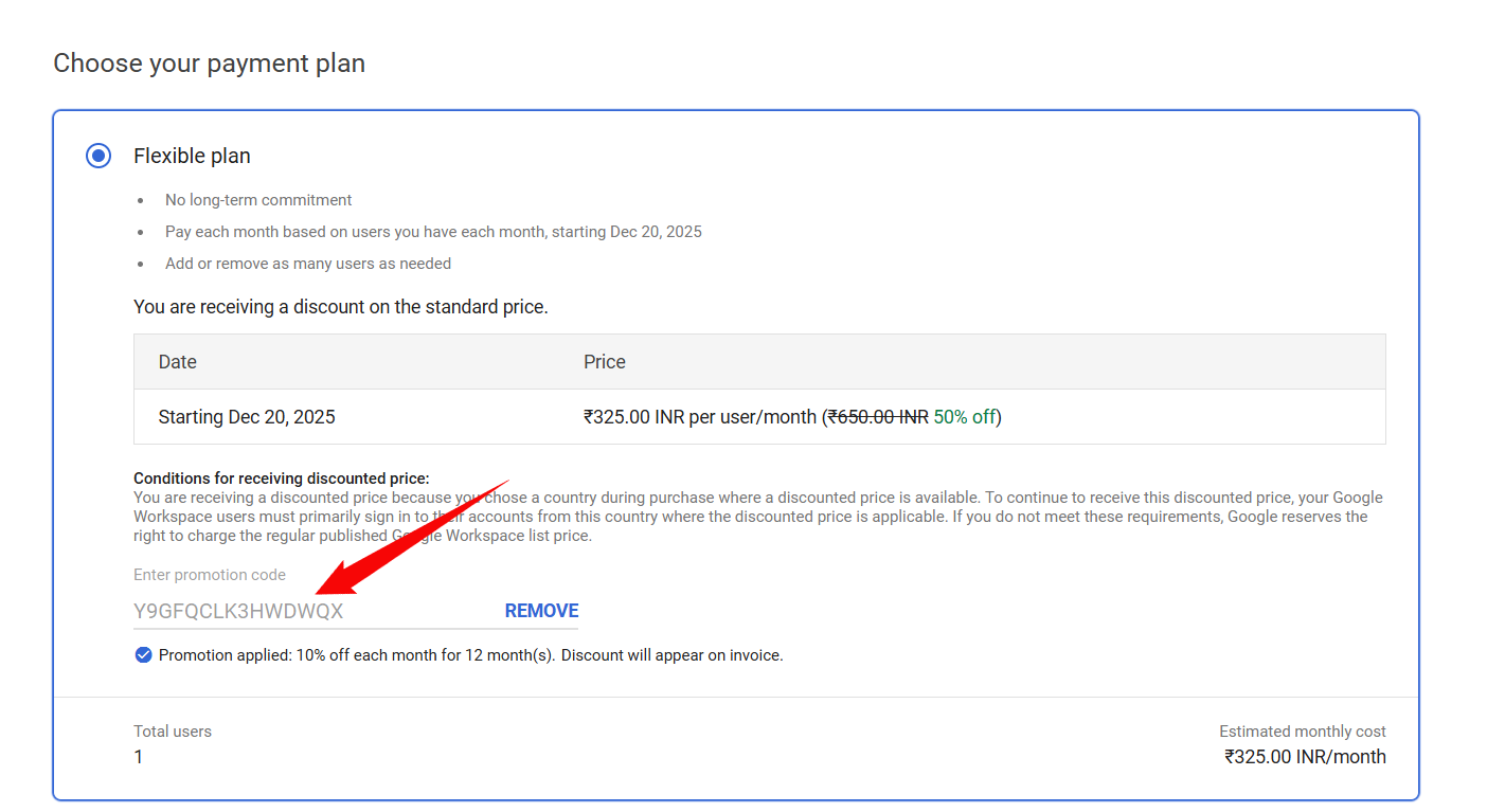 Enter your promo code in the Google Workspace billing setup
