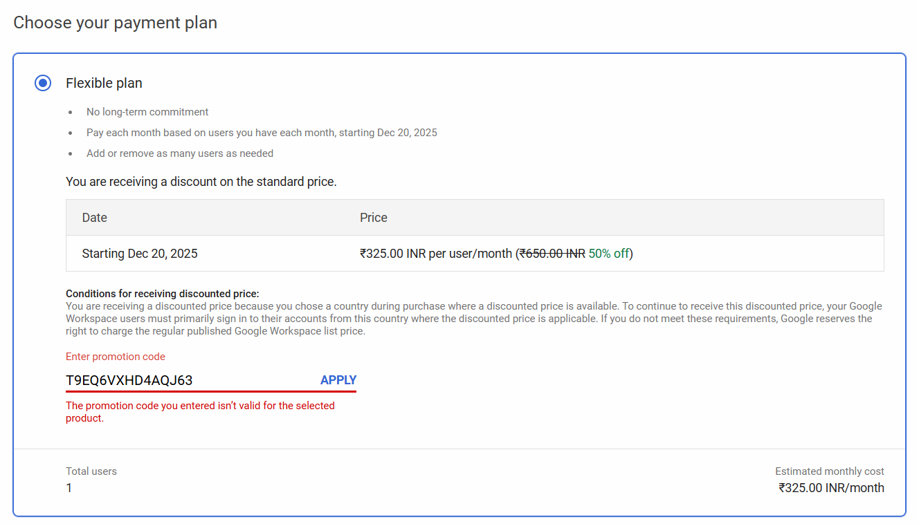 Error: "The promotion code you entered isn't valid for the selected product"