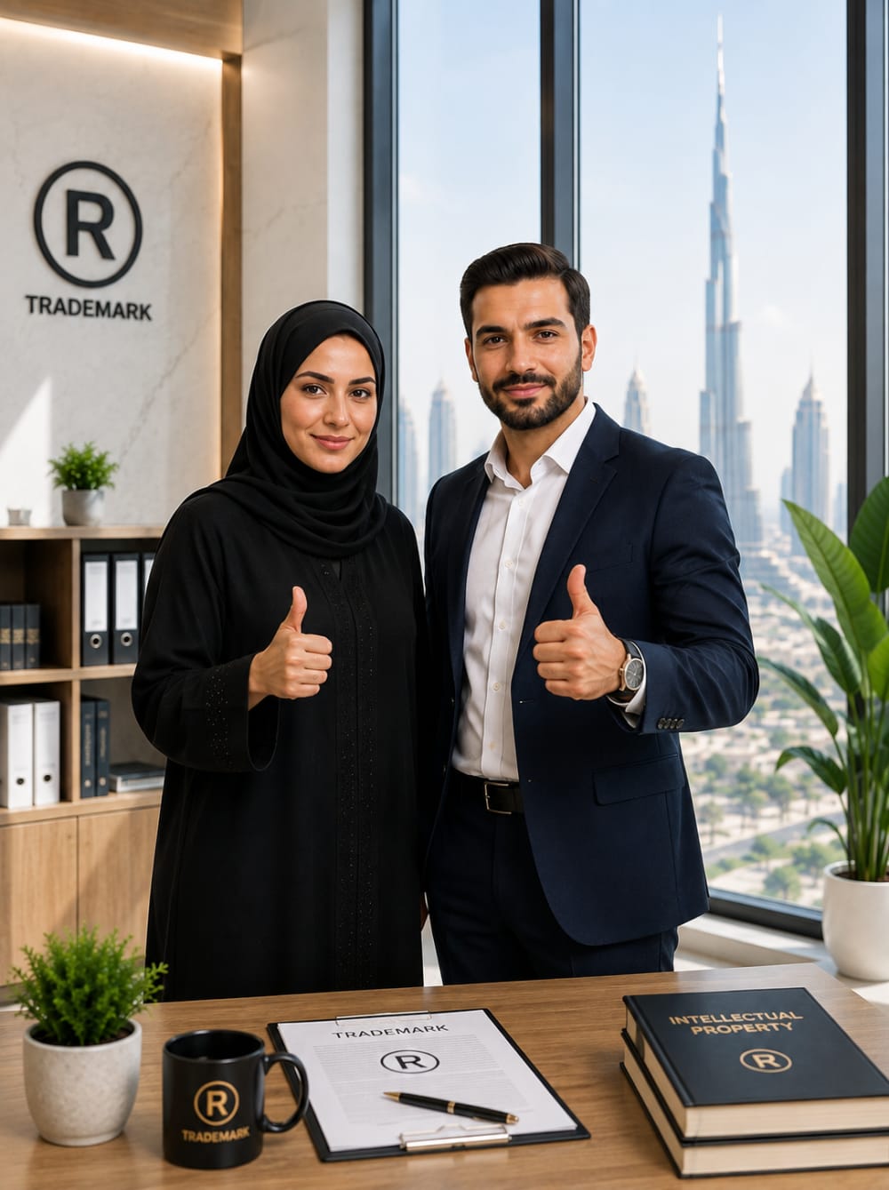 Trademark consultants giving a thumbs up beside a signed UAE trademark application, in a Dubai office overlooking the Burj Khalifa