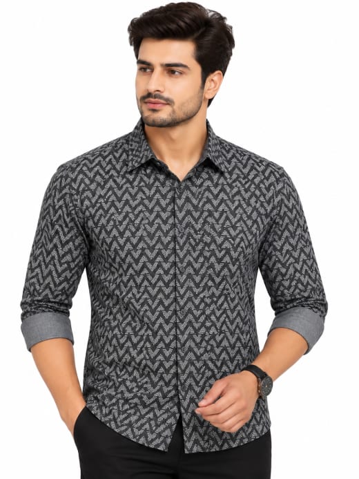 ETERIAN Premium Charcoal Grey Chevron Geometric Printed Shirt