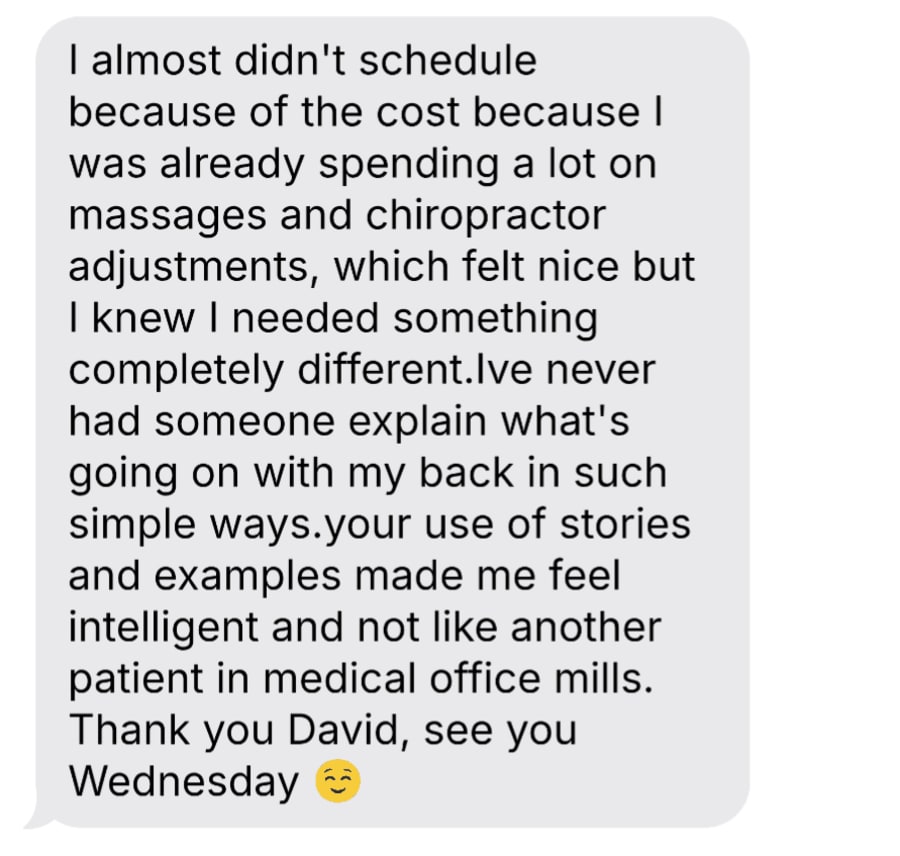 Text message from a client about working with David