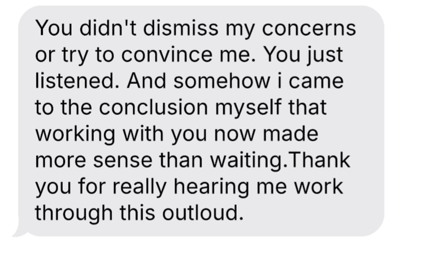 Text message from a client about working with David