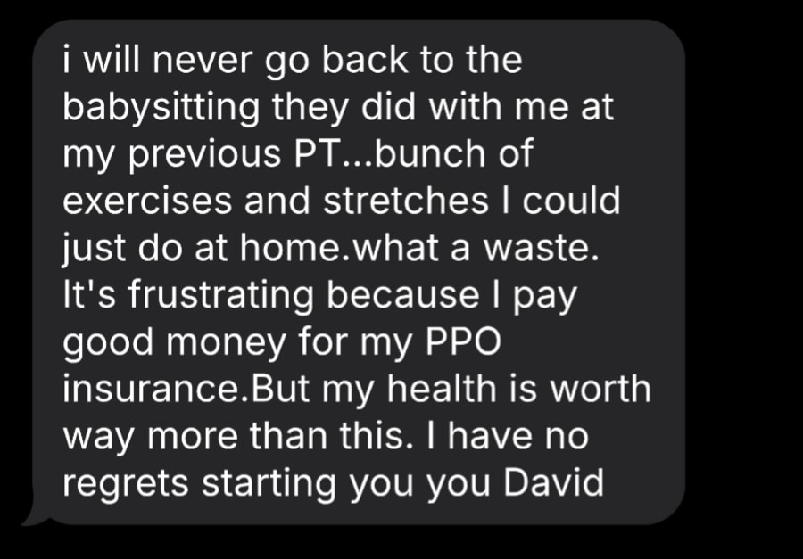 Text message from a client about working with David