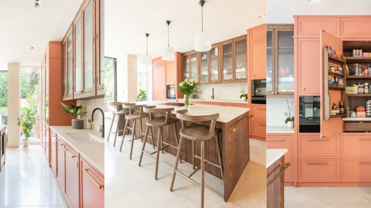 Warm terracotta kitchen features fluted wood island Warm terracotta kitchen features fluted wood island - terracotta kitchen