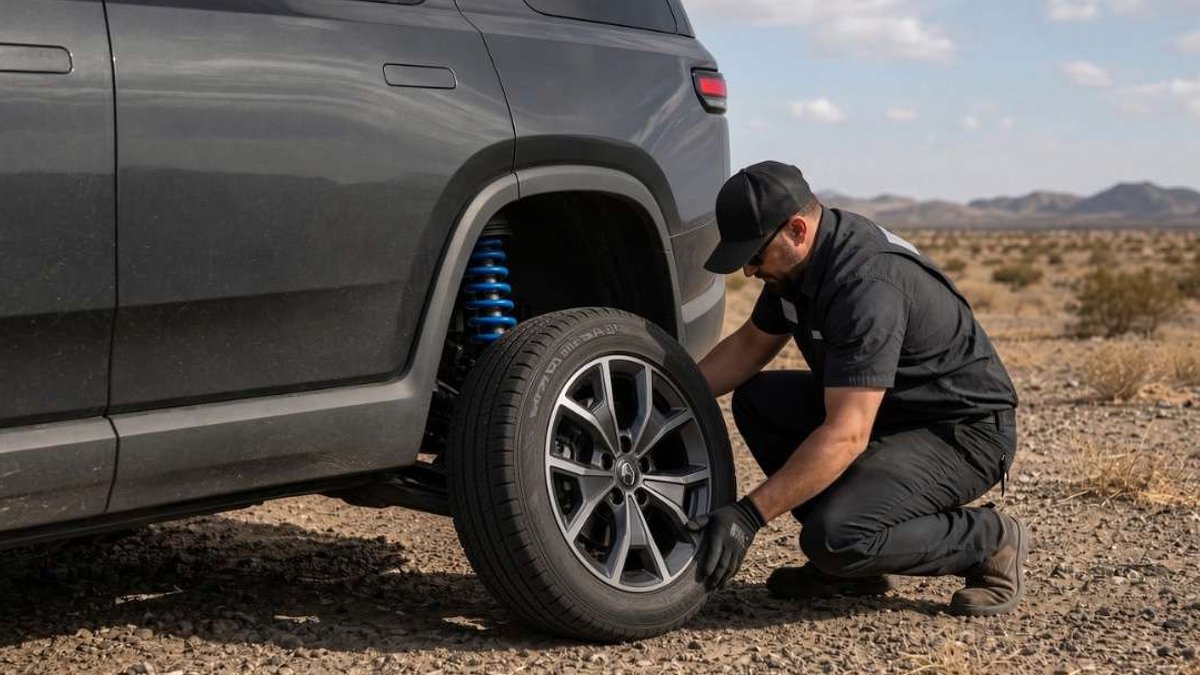 Rivian Driver Shows Tow Crew Desert Tire Procedure Rivian Driver Shows Tow Crew Desert Tire Procedure - rivian tire