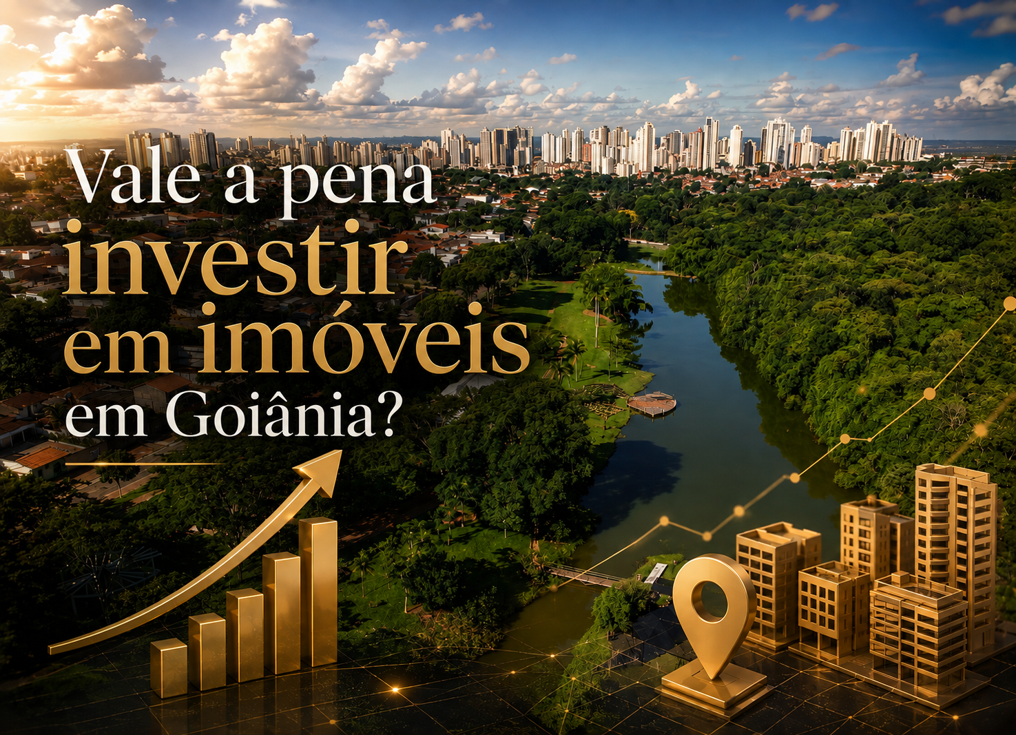 Vista aérea de Goiânia com skyline de edifícios residenciais, áreas verdes e elementos gráficos dourados que representam investimento imobiliário, valorização de imóveis e crescimento do mercado imobiliário.