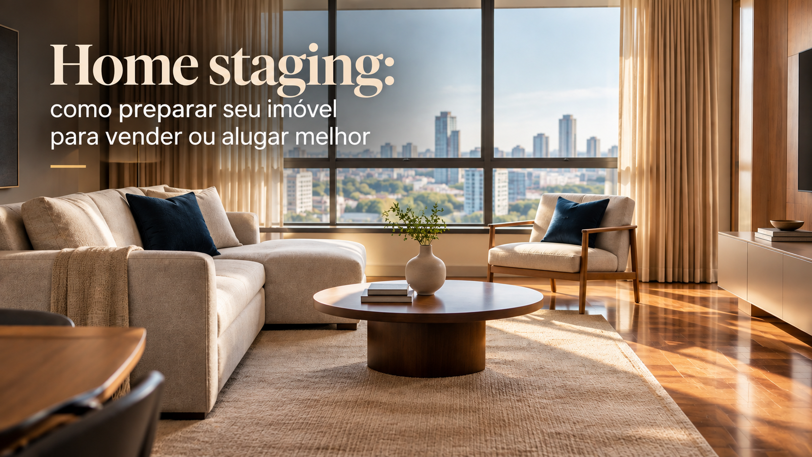 Sala de estar clean com sofá neutro, luz natural e poucos objetos decorativos