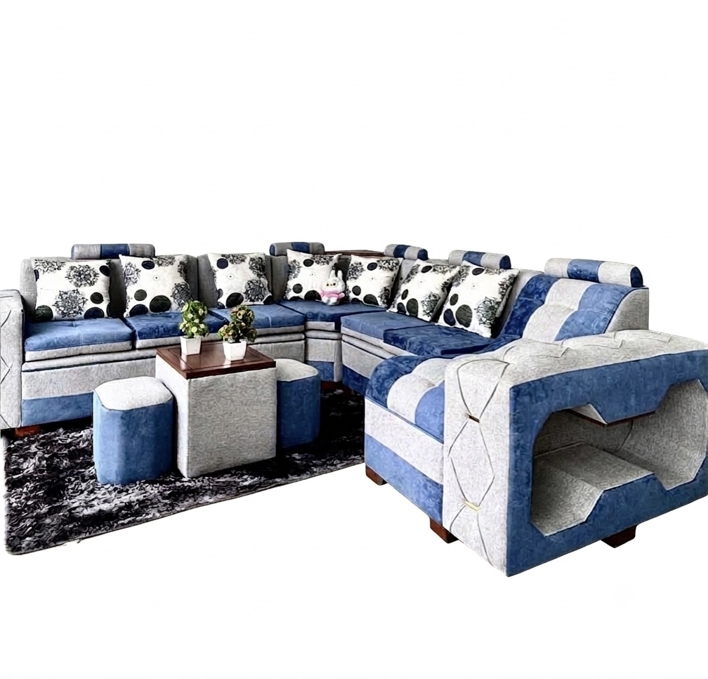 JUEGO DE SALA MEDIANO AZUL Y GRIS CON PUFF 12183