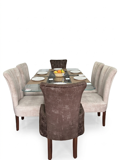 JUEGO DE COMEDOR MADERA CONCHA BEIGE Y CAFÉ 12179