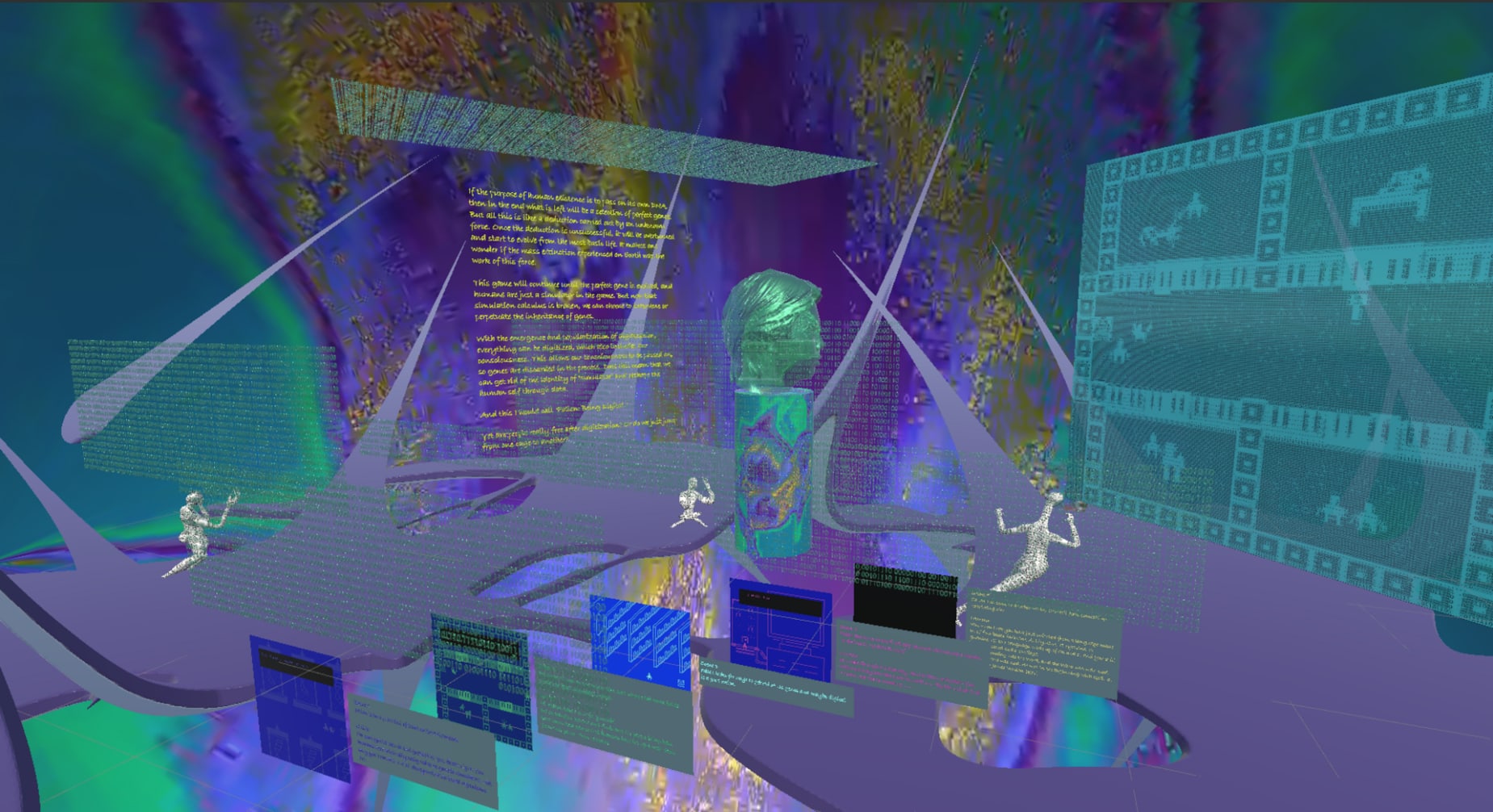 Visiting VR world, including performers, words, screens and scenes.