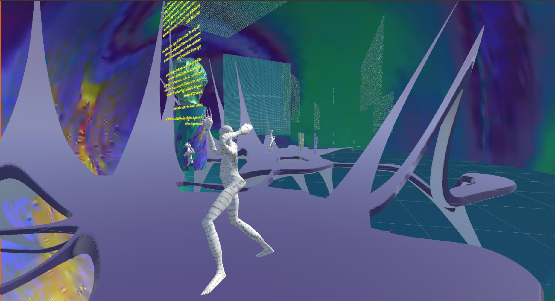 Visiting VR world, including performers, words, screens and scenes.