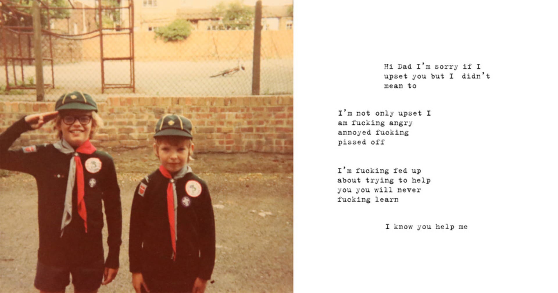 Two young boys dressed in Cub Scout uniforms  and a text conversation