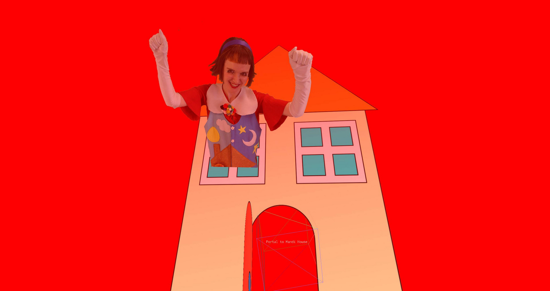 An image of a cartoon house with a photograph of the character Mandi (who is giant) exploding from the window