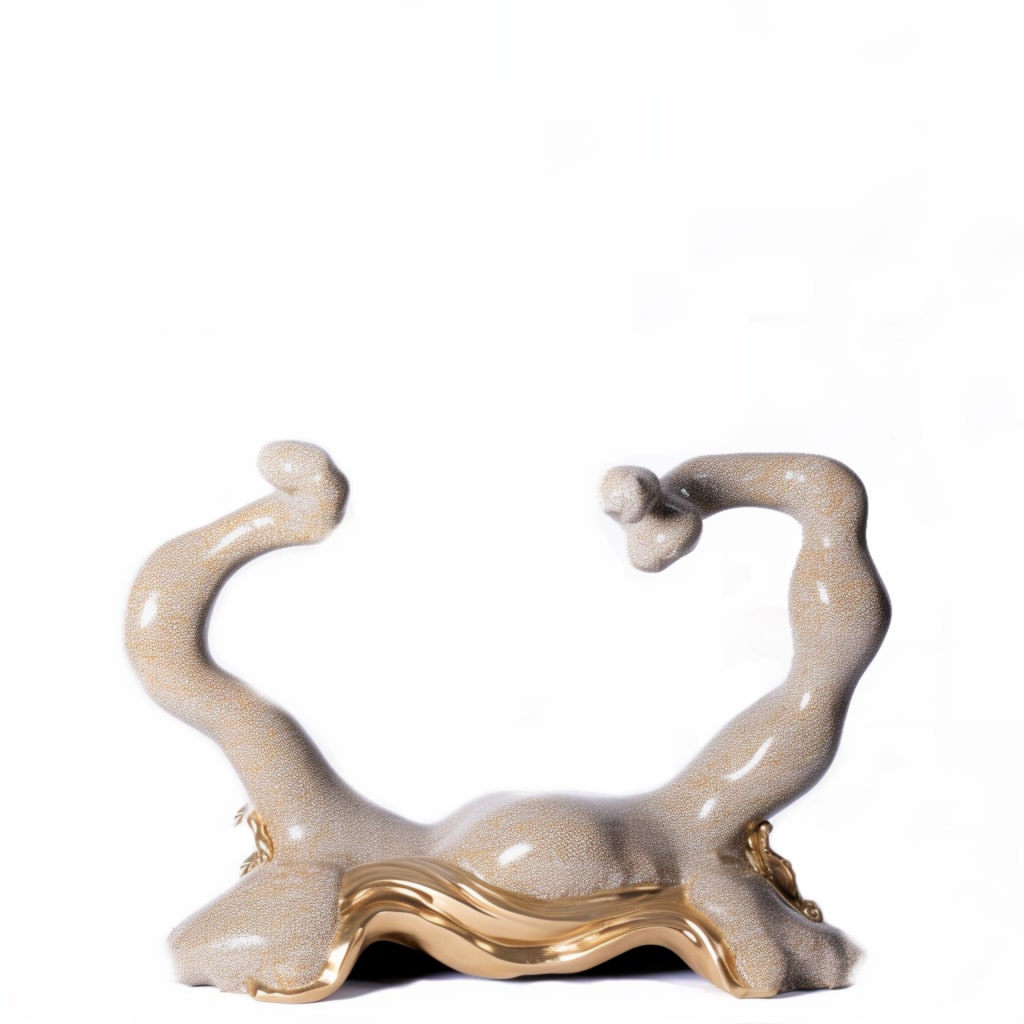 This image is a sculpture with a wavy shape and is predominantly gold and beige in color.  
