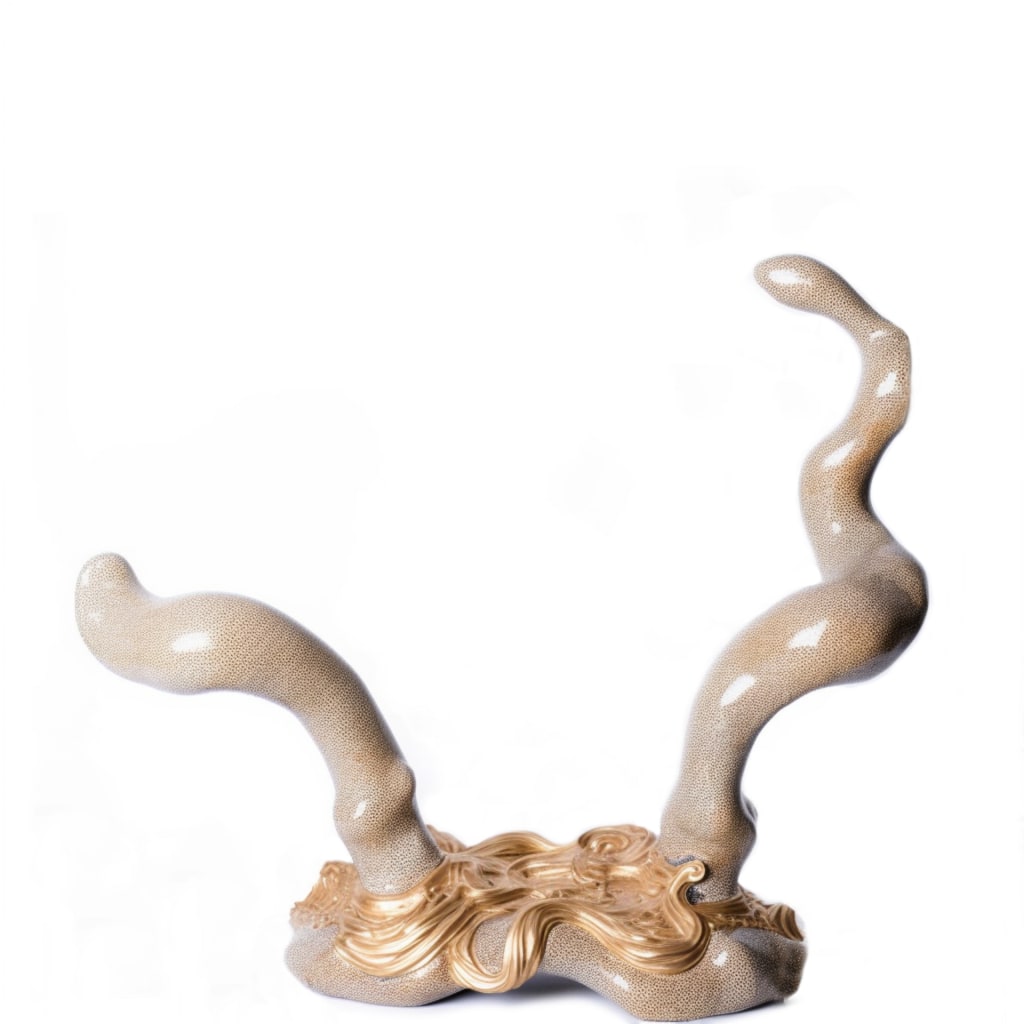 This image is a sculpture with a wavy shape and is predominantly gold and beige in color.  