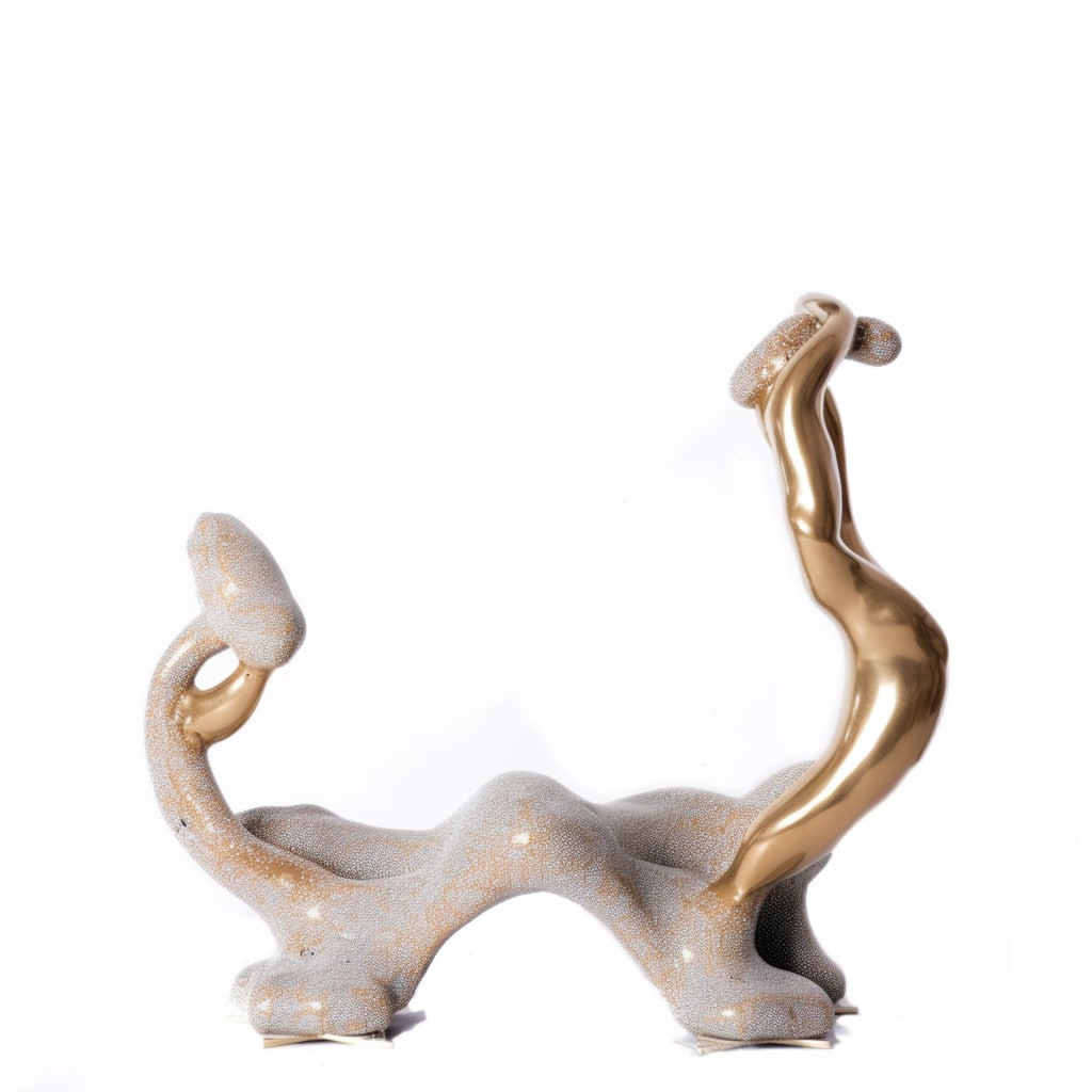 This image is a sculpture with a wavy shape and is predominantly gold and beige in color.  