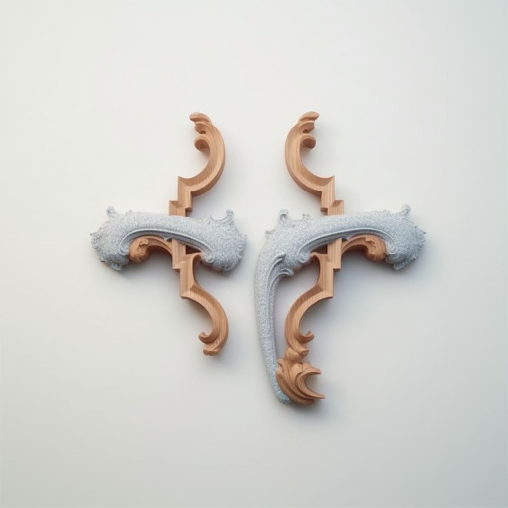 This image depicts a wall sculpture resembling a pair of wooden ornaments with abstract shaped blueish details.
