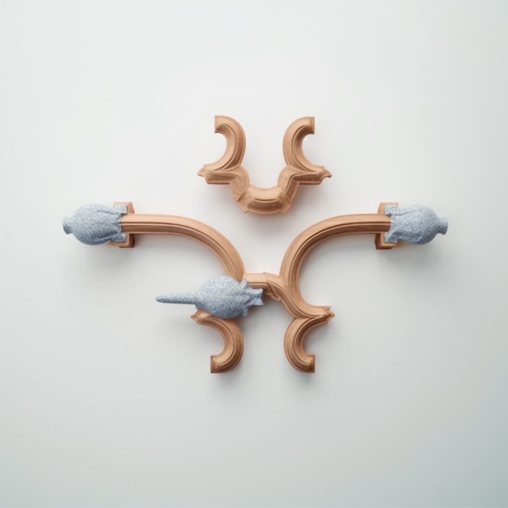This image depicts a wall sculpture resembling a pair of wooden ornaments with abstract shaped blueish details.